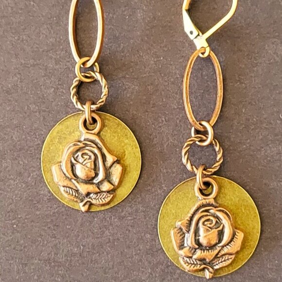Beautiful ROSE Coin Charm Earrings Copper Brass Lever Back Earwires Two Tone - Picture 6 of 9